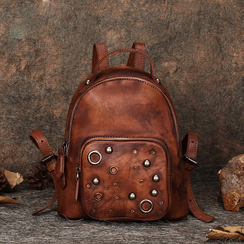 Best Vintage Rivet Leather Rucksack Womens Small School Backpacks Leather Backpack Purse