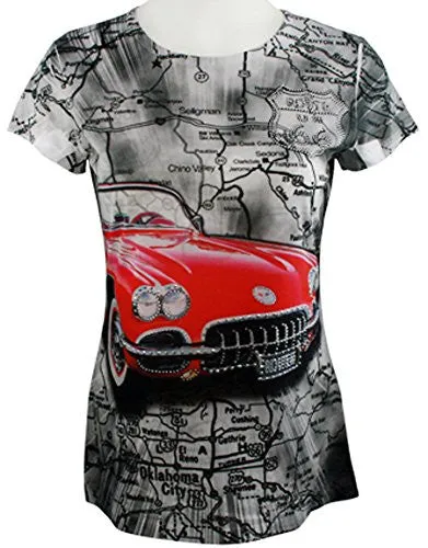 Big Bang Clothing - Red Car, Short Sleeve Scoop Neck Rhinestone Print Top