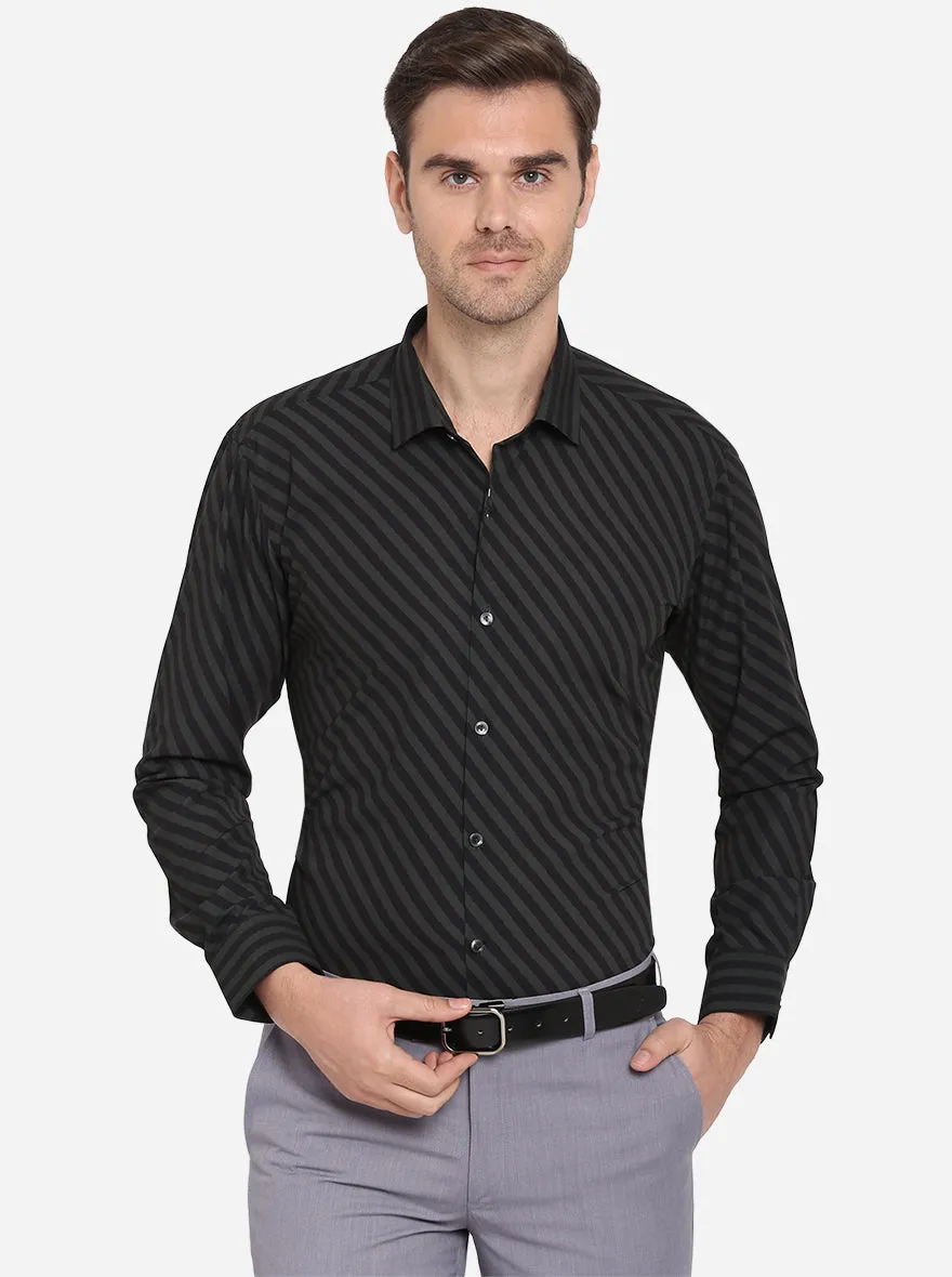 Black & Grey Striped Slim Fit Party Wear Shirt | JB Studio