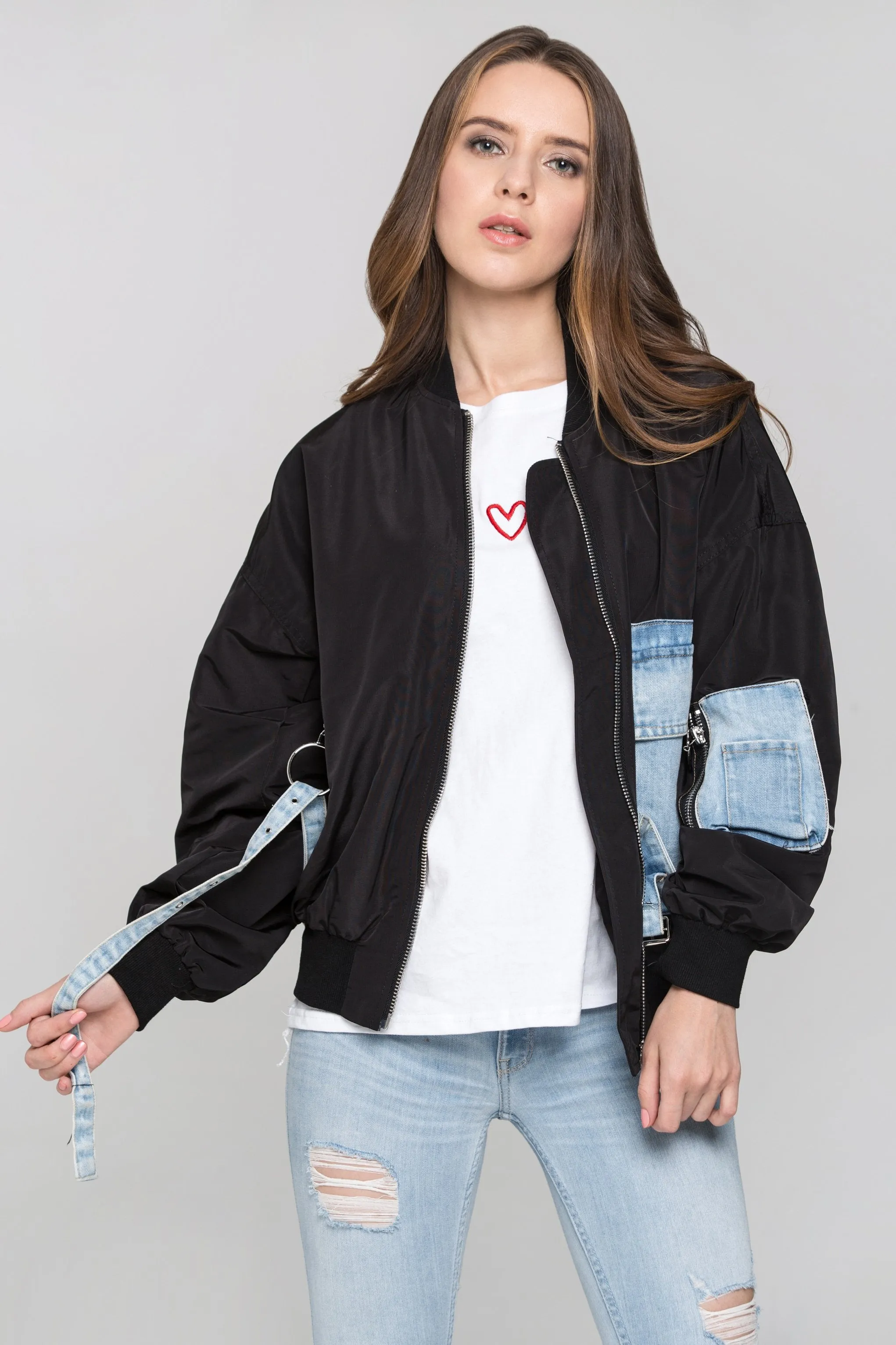 Black and Denim Panel Bomber Jacket