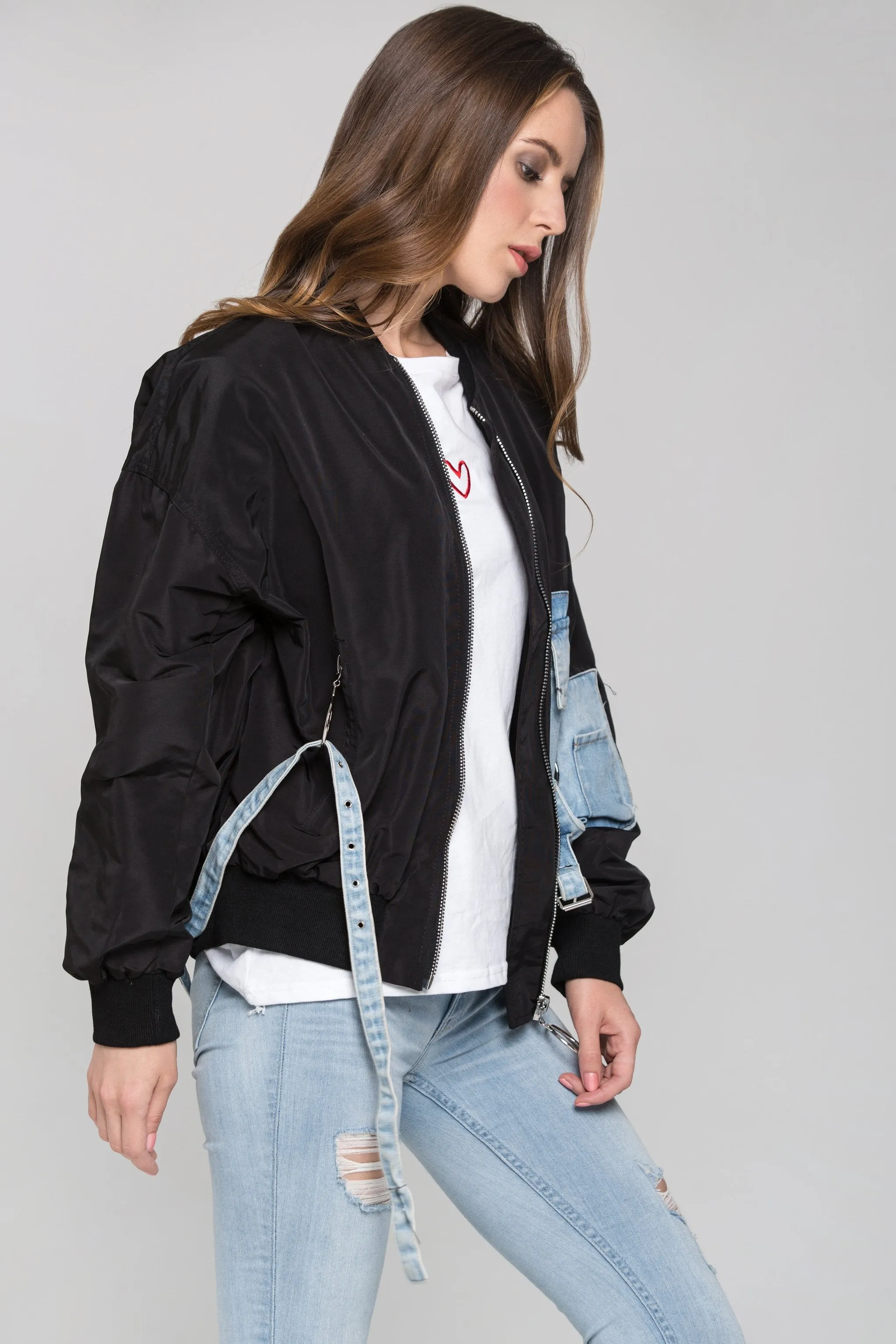 Black and Denim Panel Bomber Jacket