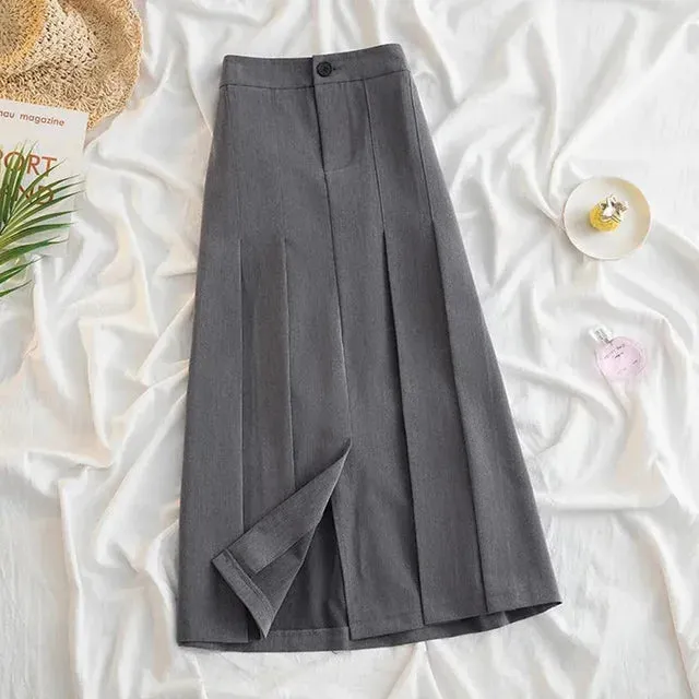 Black Gray Pleated Long Skirt for Women 2024 Autumn Japanese Style High-Waist Skirts Woman Office Streetwear Midi Skirt