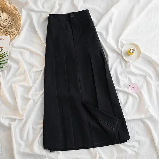 Black Gray Pleated Long Skirt for Women 2024 Autumn Japanese Style High-Waist Skirts Woman Office Streetwear Midi Skirt