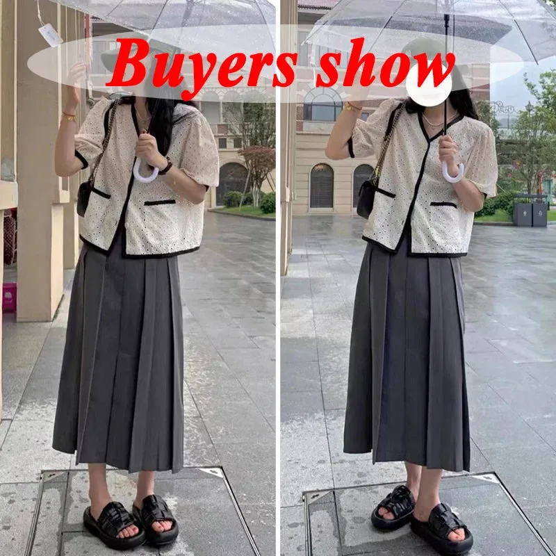 Black Gray Pleated Long Skirt for Women 2024 Autumn Japanese Style High-Waist Skirts Woman Office Streetwear Midi Skirt