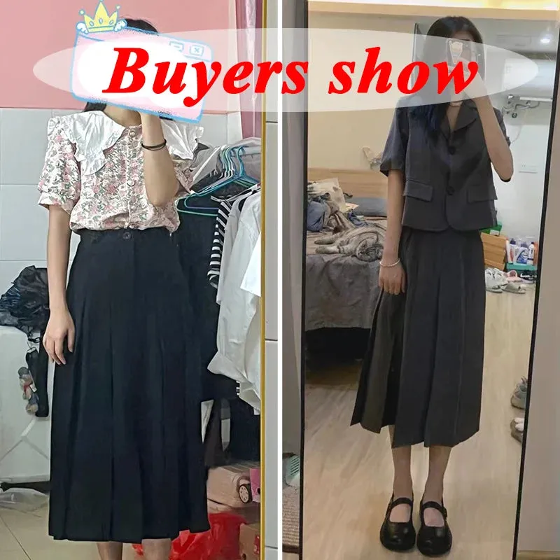 Black Gray Pleated Long Skirt for Women 2024 Autumn Japanese Style High-Waist Skirts Woman Office Streetwear Midi Skirt