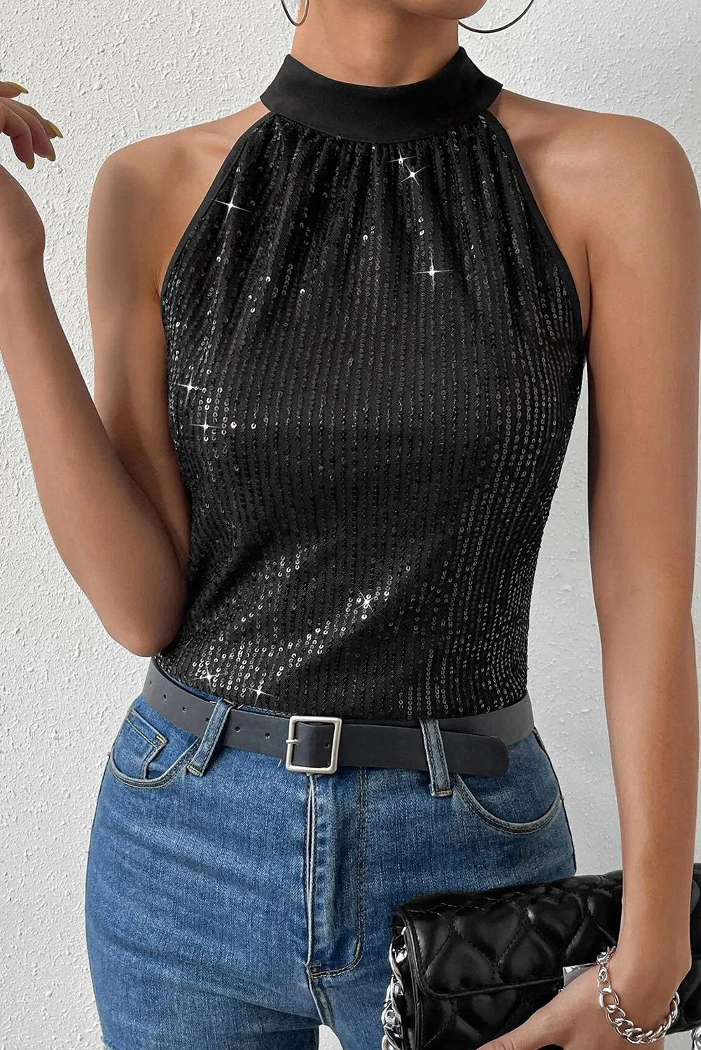 Black Keyhole Tie Back Sequin Tank Top