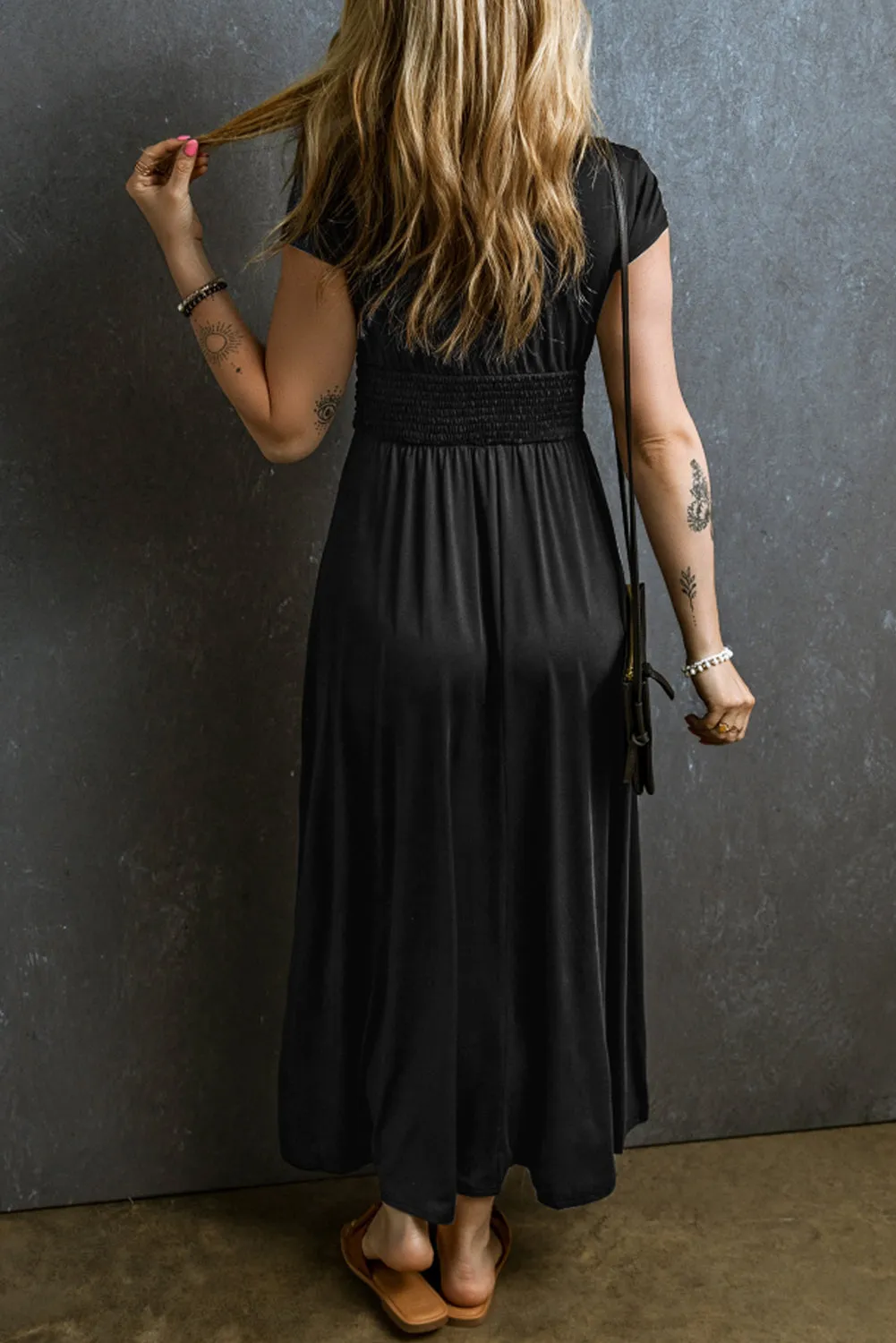 Black Short Sleeve Shirred High Waist V Neck Maxi Dress