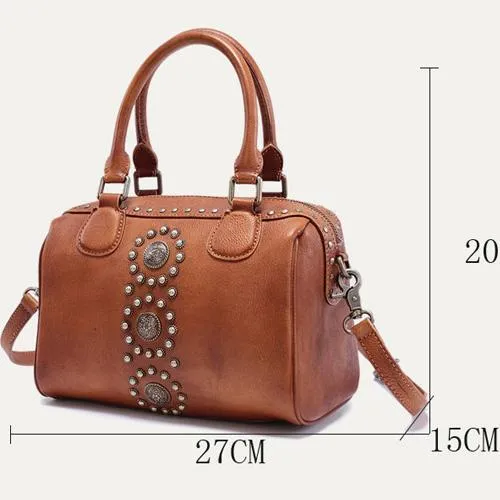 Black Vintage Ladies Leather Rivet Boston Handbag Purse Brown Shoulder Handbag for Women