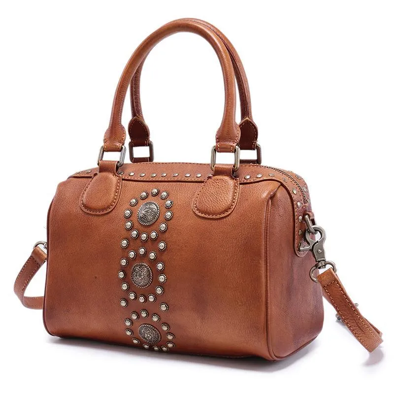 Black Vintage Ladies Leather Rivet Boston Handbag Purse Brown Shoulder Handbag for Women