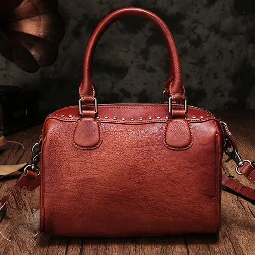 Black Vintage Ladies Leather Rivet Boston Handbag Purse Brown Shoulder Handbag for Women