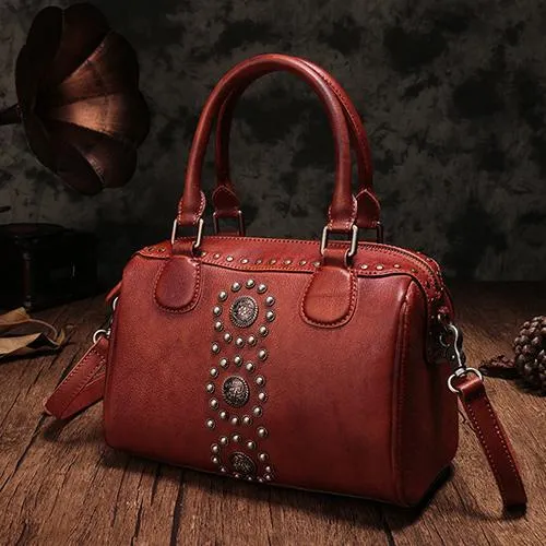 Black Vintage Ladies Leather Rivet Boston Handbag Purse Brown Shoulder Handbag for Women