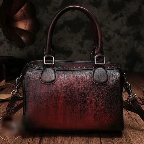 Black Vintage Ladies Leather Rivet Boston Handbag Purse Brown Shoulder Handbag for Women