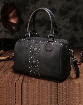 Black Vintage Ladies Leather Rivet Boston Handbag Purse Brown Shoulder Handbag for Women