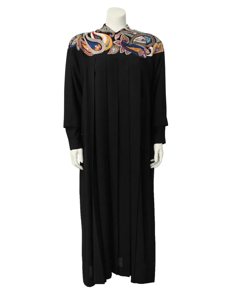 Black wool gown with paisley embroidery