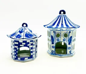 Blue & white pagoda style chinoiserie decorative vintage bird houses.