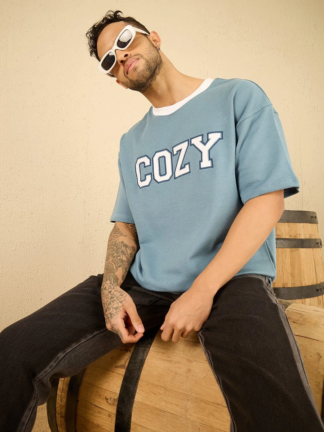 Blue Cozy Embroidered Oversized Tshirt