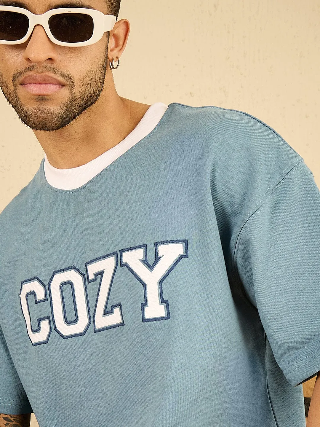 Blue Cozy Embroidered Oversized Tshirt