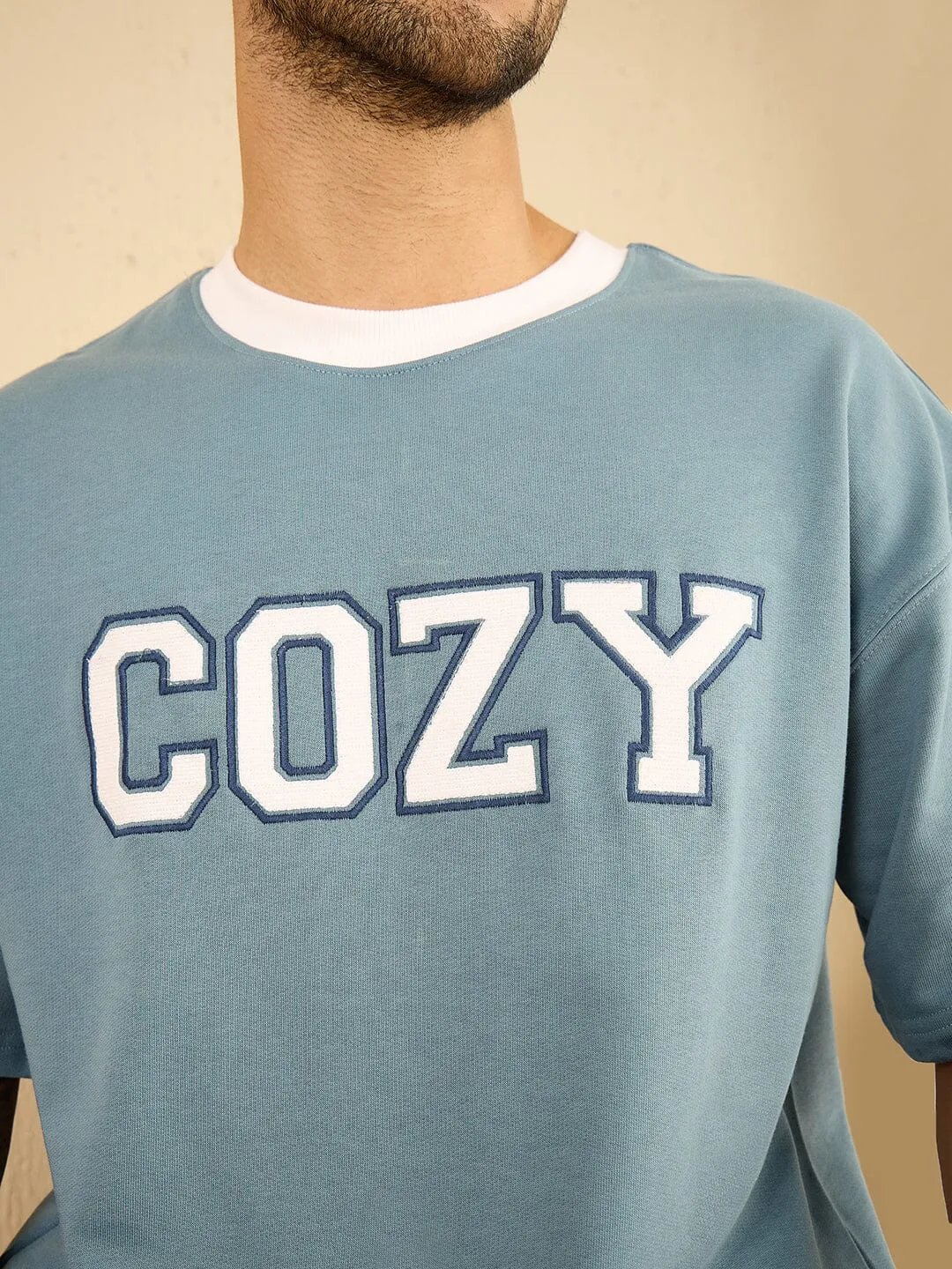 Blue Cozy Embroidered Oversized Tshirt