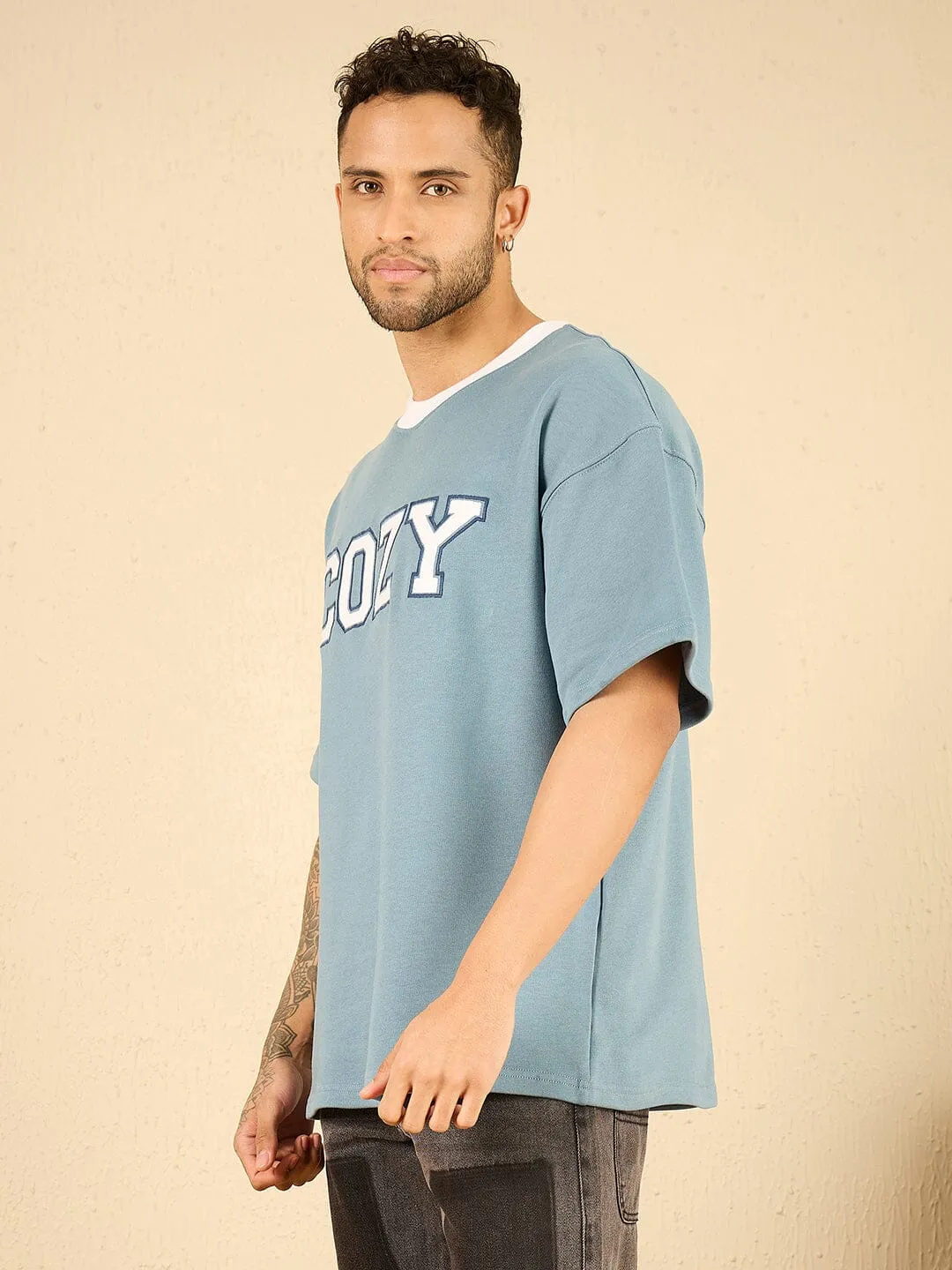 Blue Cozy Embroidered Oversized Tshirt