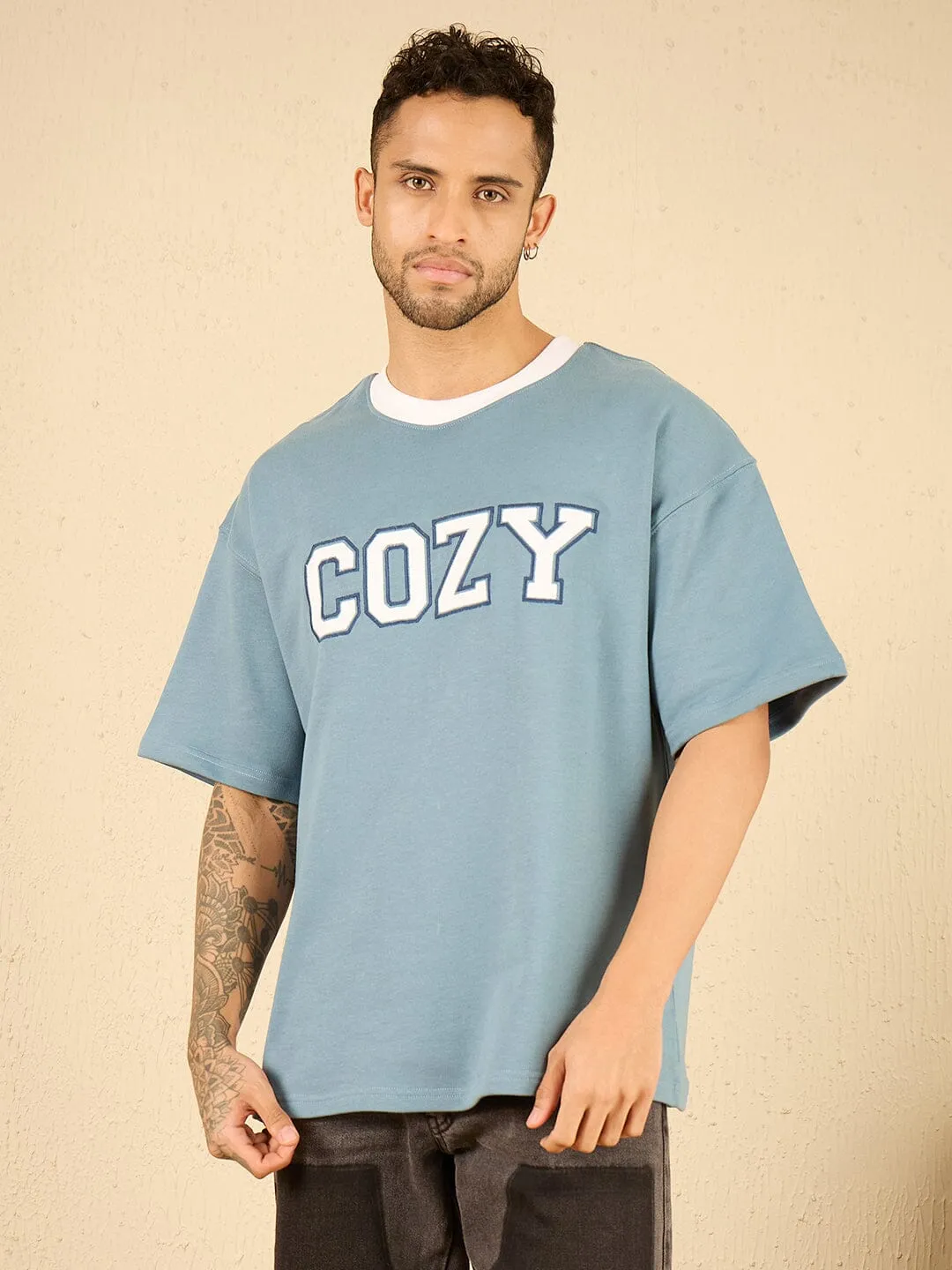 Blue Cozy Embroidered Oversized Tshirt