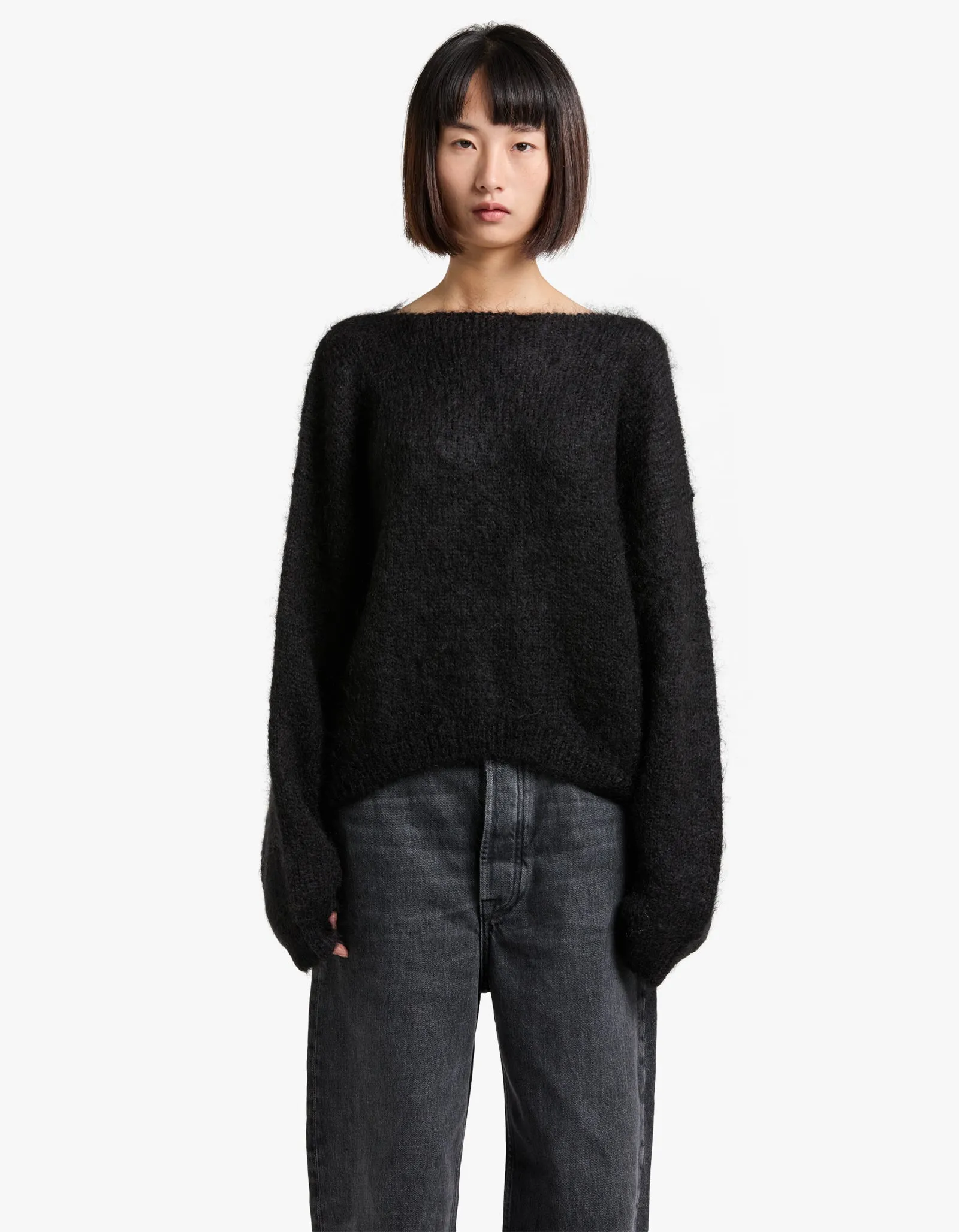 Boxy Mohair Boatneck Knit - Black