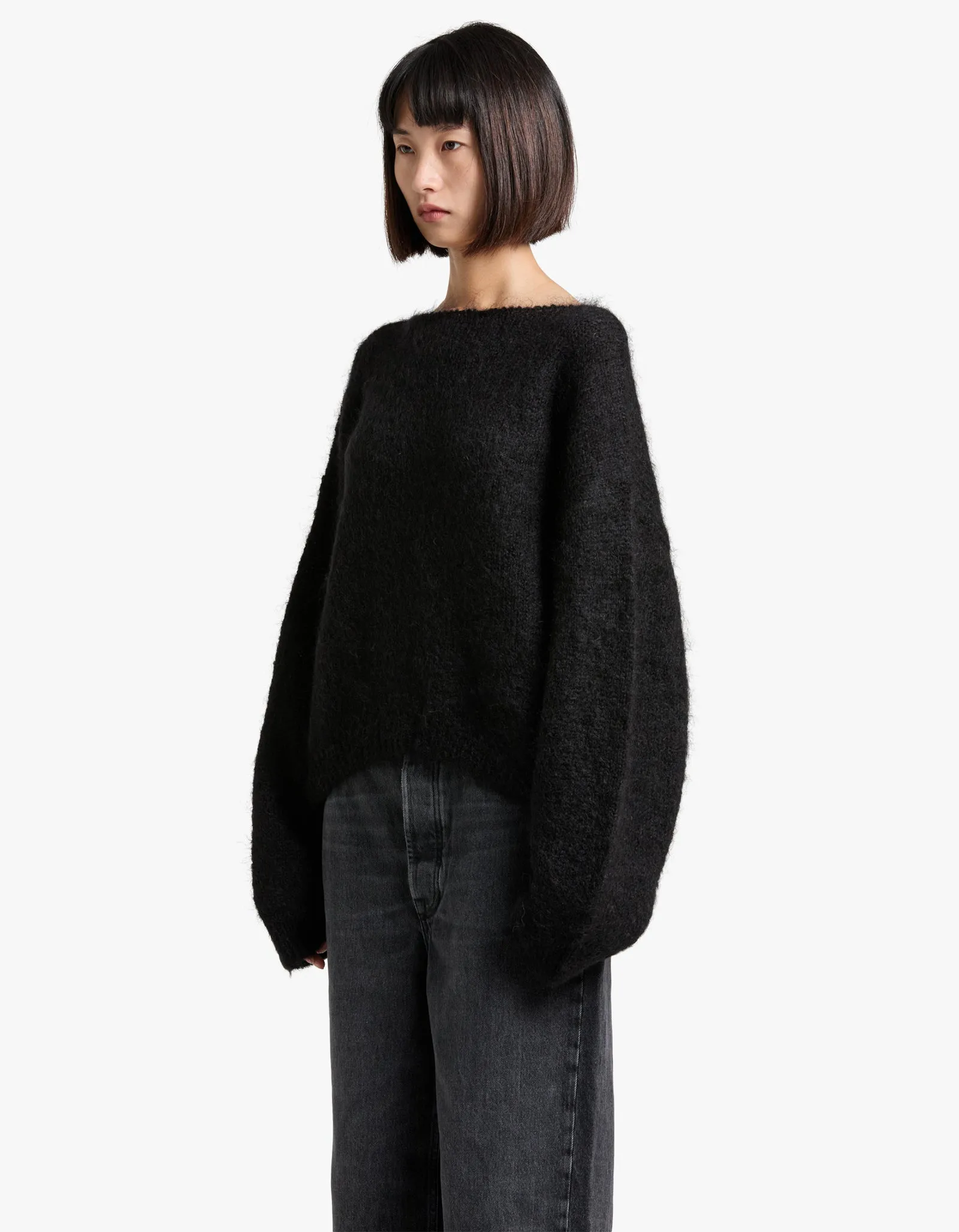 Boxy Mohair Boatneck Knit - Black