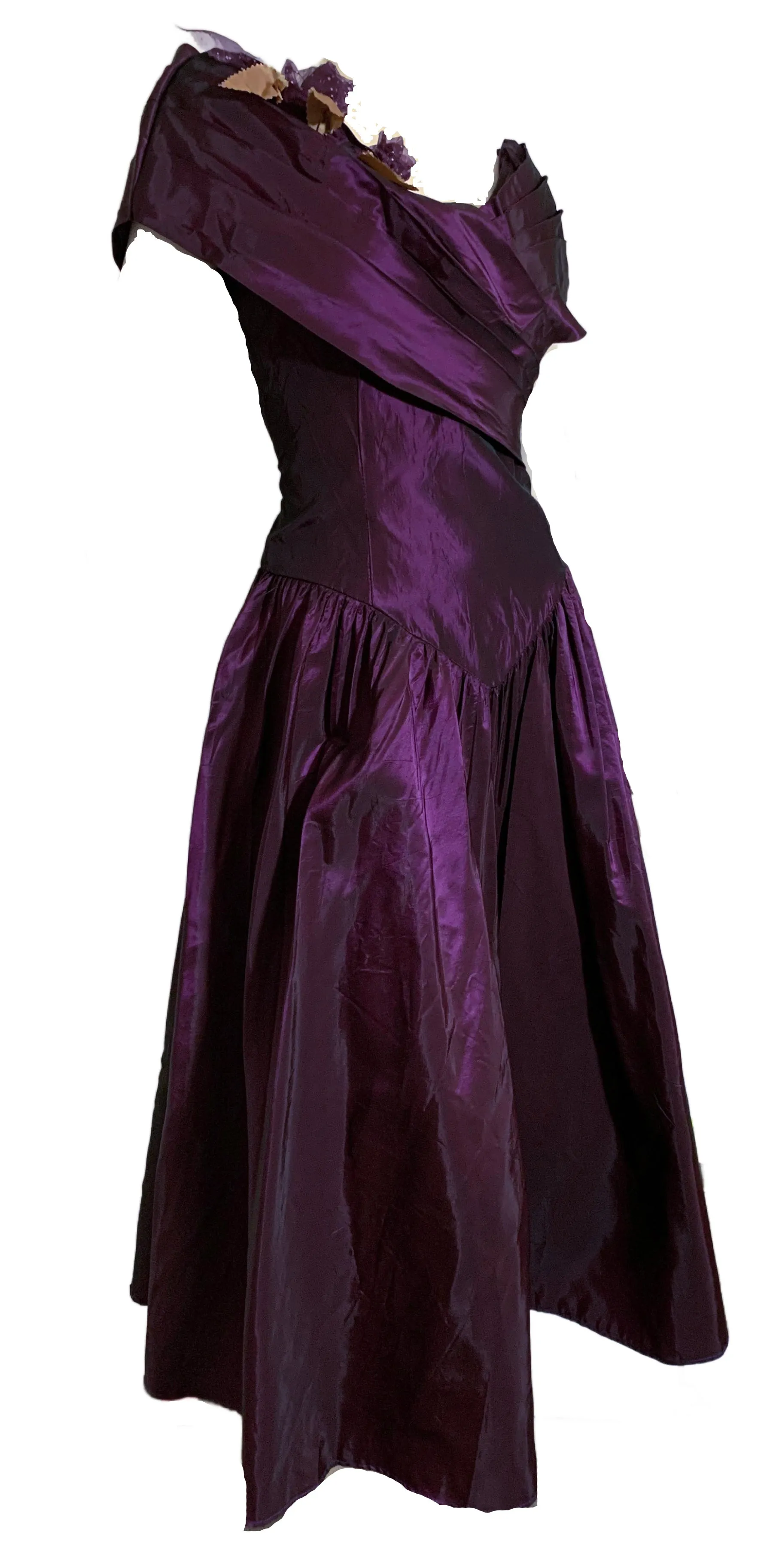 Brilliant Purple Changeable Taffeta Party Dress with Flower Accents circa 1980s