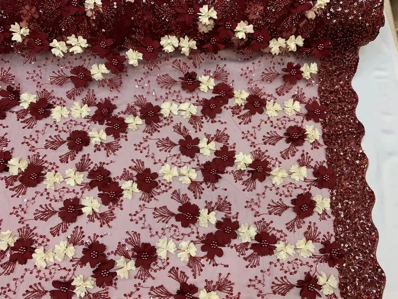 Burgundy Ivory Pearls Lace Beaded Fabric on Tulle for Bridal Fabric