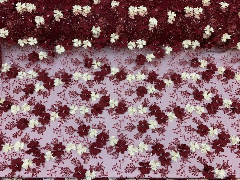 Burgundy Ivory Pearls Lace Beaded Fabric on Tulle for Bridal Fabric