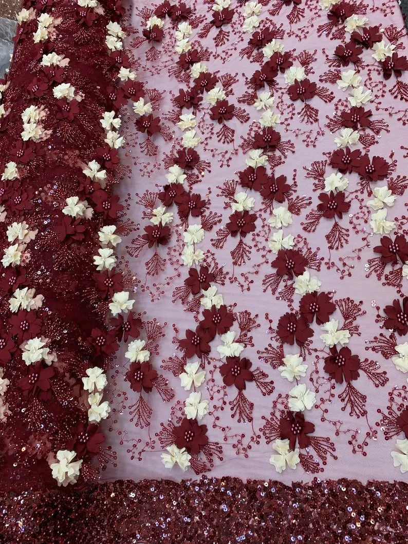 Burgundy Ivory Pearls Lace Beaded Fabric on Tulle for Bridal Fabric