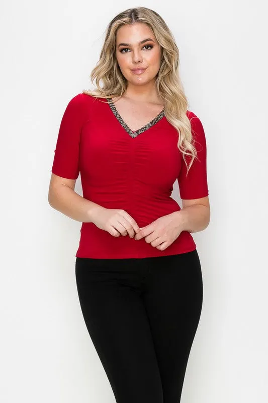 Burgundy V-Neck Ruched Top