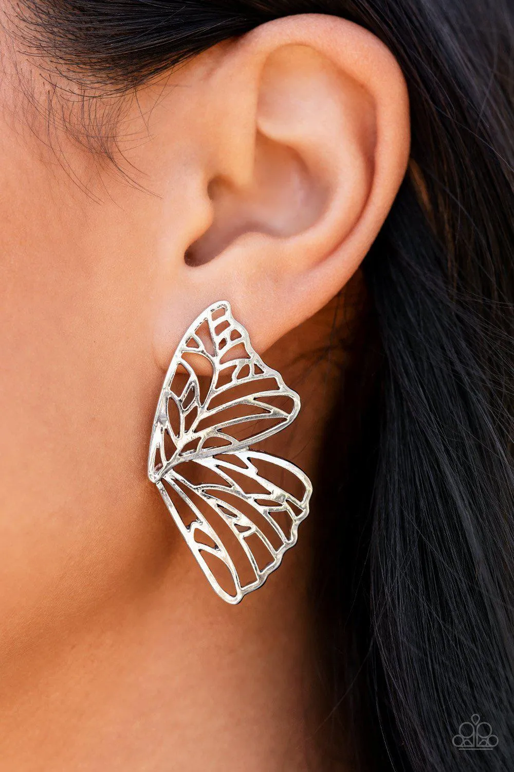 Butterfly Frills Silver Butterfly Post Earrings - Paparazzi Accessories