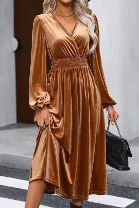 Camel Wrap V Neck Smocked High Waist Velvet Midi Dress