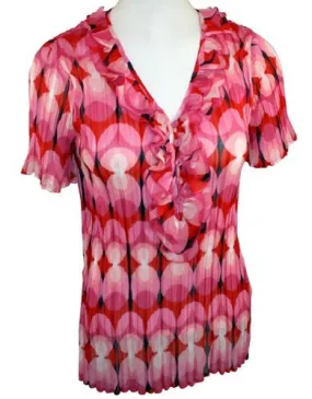 Cathaya, Geometric, Ruffled V-Neck, Pink, Black & Red Blouse