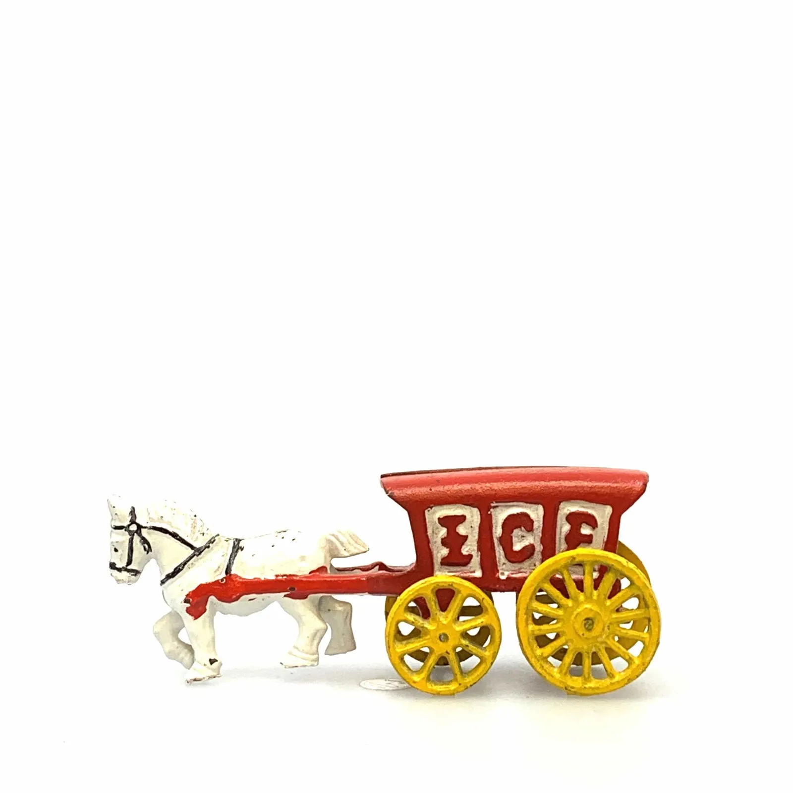 Champion Cast Iron Red Ice Wagon White Horse Drawn Cart Carriage Toy, Yellow Wheels