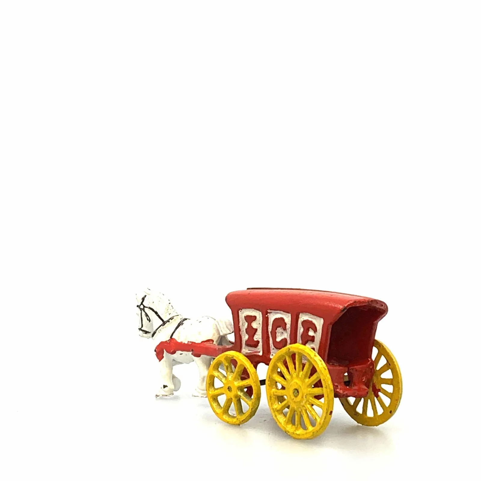 Champion Cast Iron Red Ice Wagon White Horse Drawn Cart Carriage Toy, Yellow Wheels