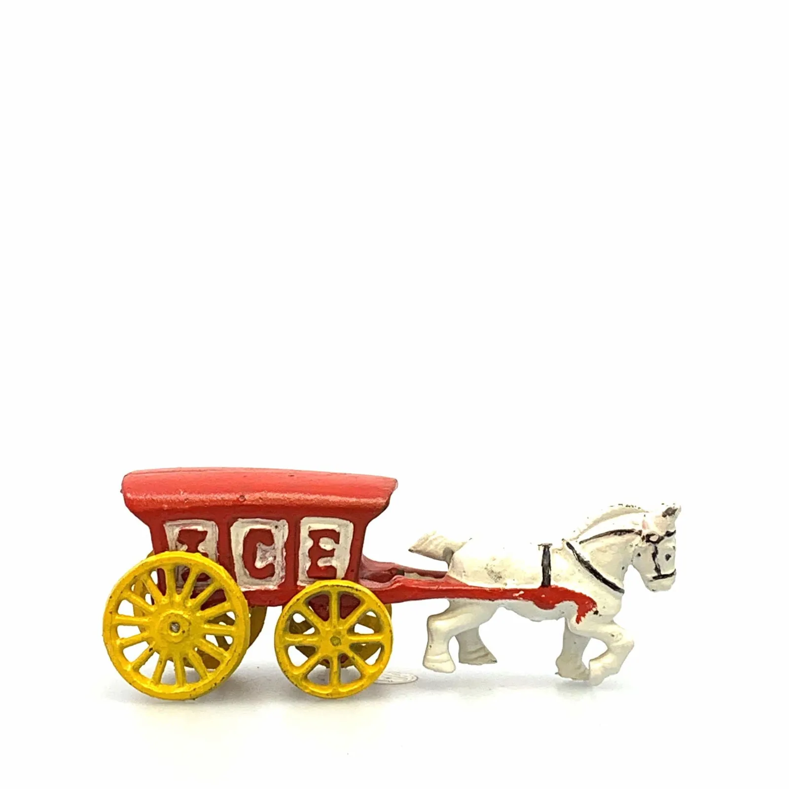 Champion Cast Iron Red Ice Wagon White Horse Drawn Cart Carriage Toy, Yellow Wheels