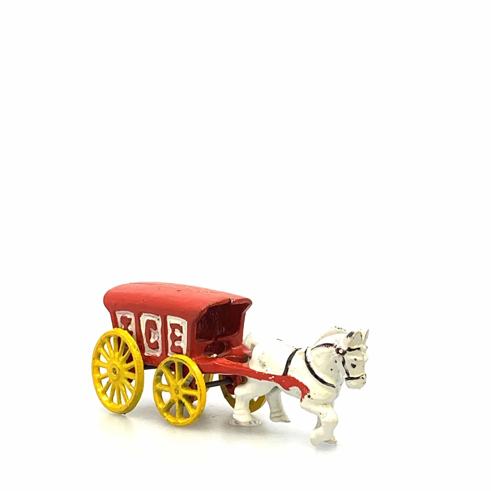 Champion Cast Iron Red Ice Wagon White Horse Drawn Cart Carriage Toy, Yellow Wheels