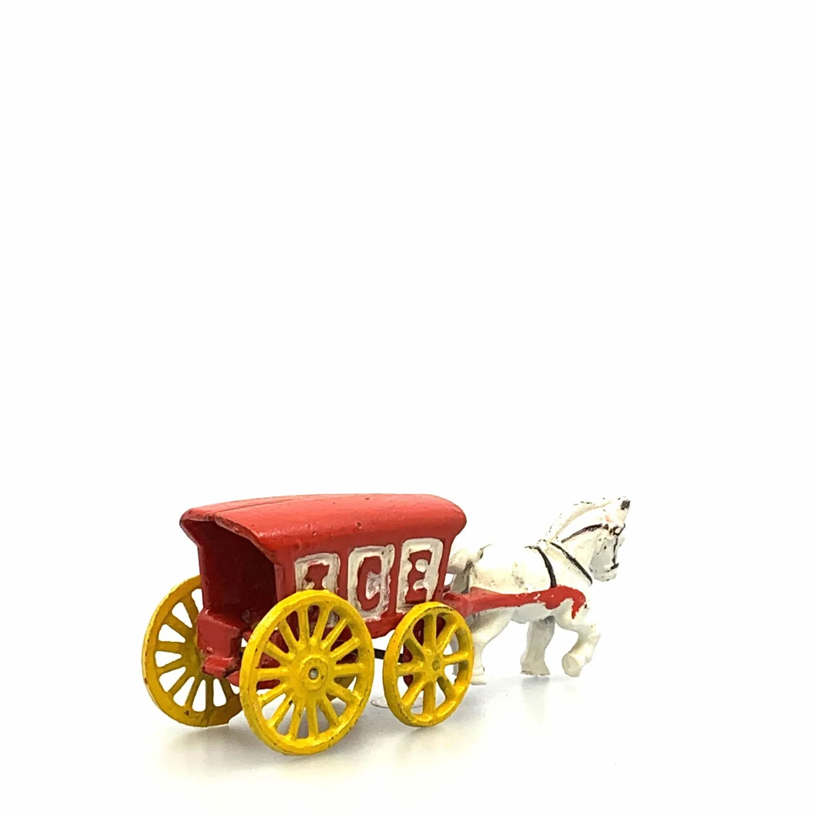 Champion Cast Iron Red Ice Wagon White Horse Drawn Cart Carriage Toy, Yellow Wheels