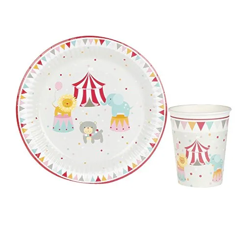 Circus Birthday Party Tableware Set,RiscaWin Party Set Supplies for 8, Paper Plates,Paper Cups,Paper Straws,Napkins,Wooden Forks,Wooden Knives,Wooden Spoon– Complete Party Pack(Circus)