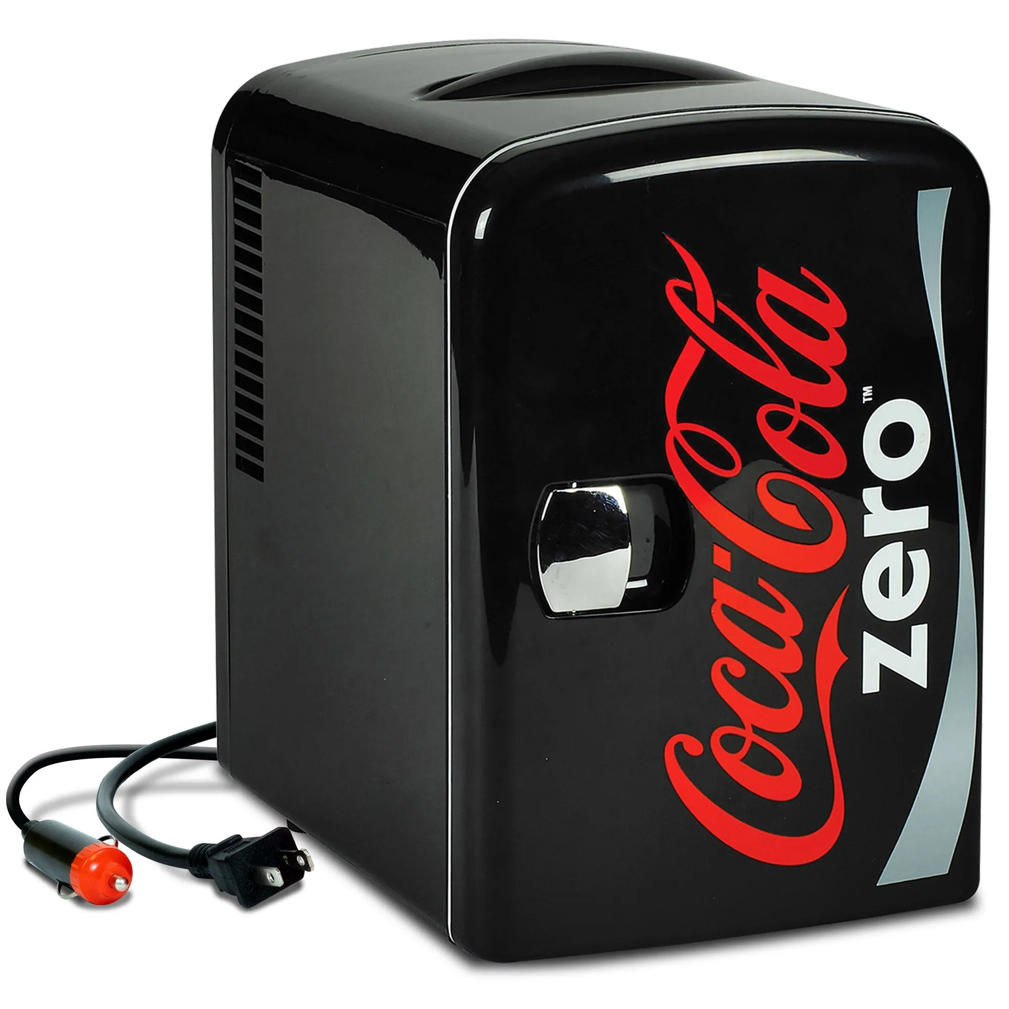 Coca-Cola Coke Zero 4L Cooler/Warmer w/ 12V DC and 110V AC Cords, 6 Can Portable Mini Fridge, Personal Travel Refrigerator for Snacks Lunch Drinks Cosmetics, Desk Home Office Dorm, Black