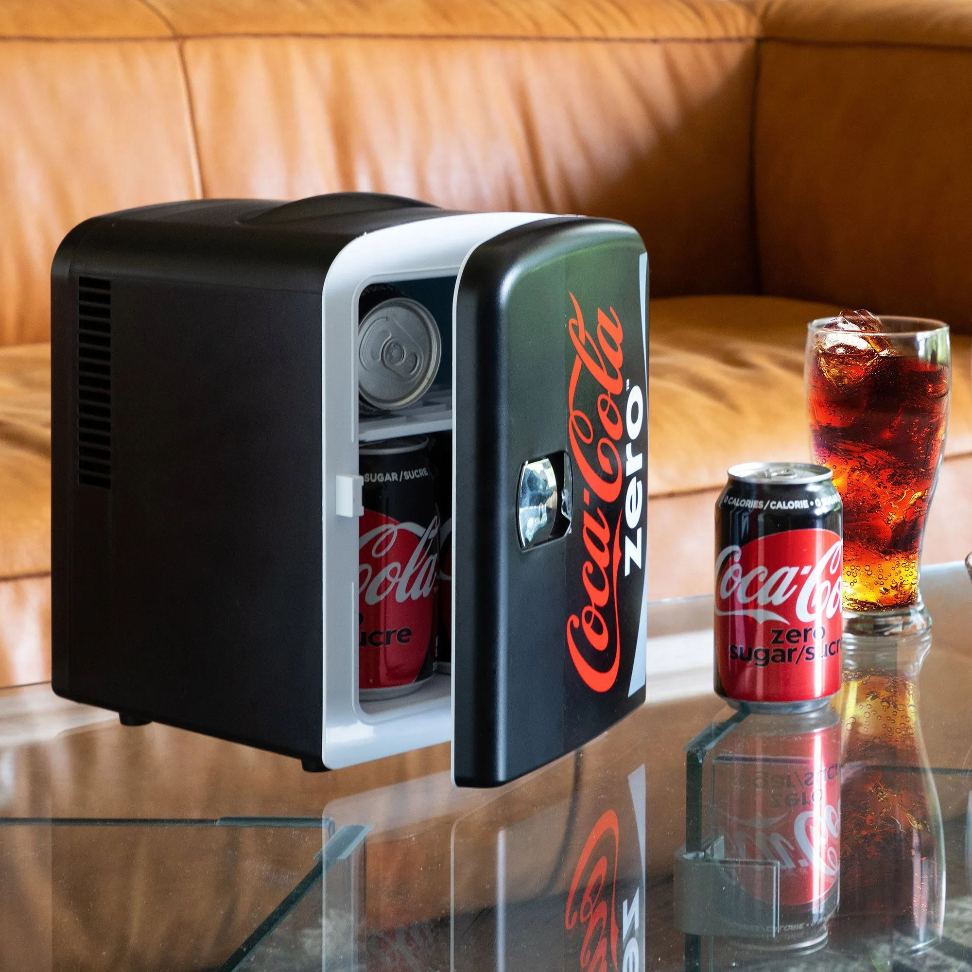 Coca-Cola Coke Zero 4L Cooler/Warmer w/ 12V DC and 110V AC Cords, 6 Can Portable Mini Fridge, Personal Travel Refrigerator for Snacks Lunch Drinks Cosmetics, Desk Home Office Dorm, Black