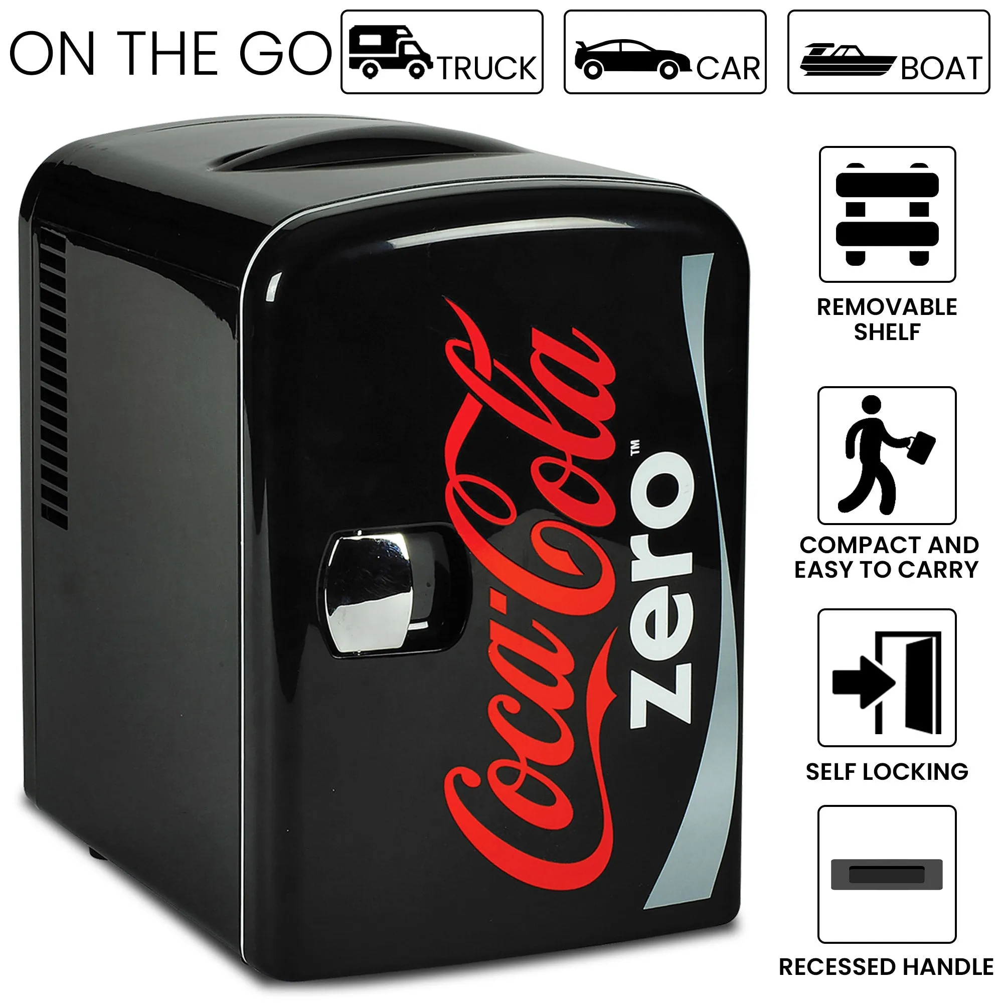 Coca-Cola Coke Zero 4L Cooler/Warmer w/ 12V DC and 110V AC Cords, 6 Can Portable Mini Fridge, Personal Travel Refrigerator for Snacks Lunch Drinks Cosmetics, Desk Home Office Dorm, Black