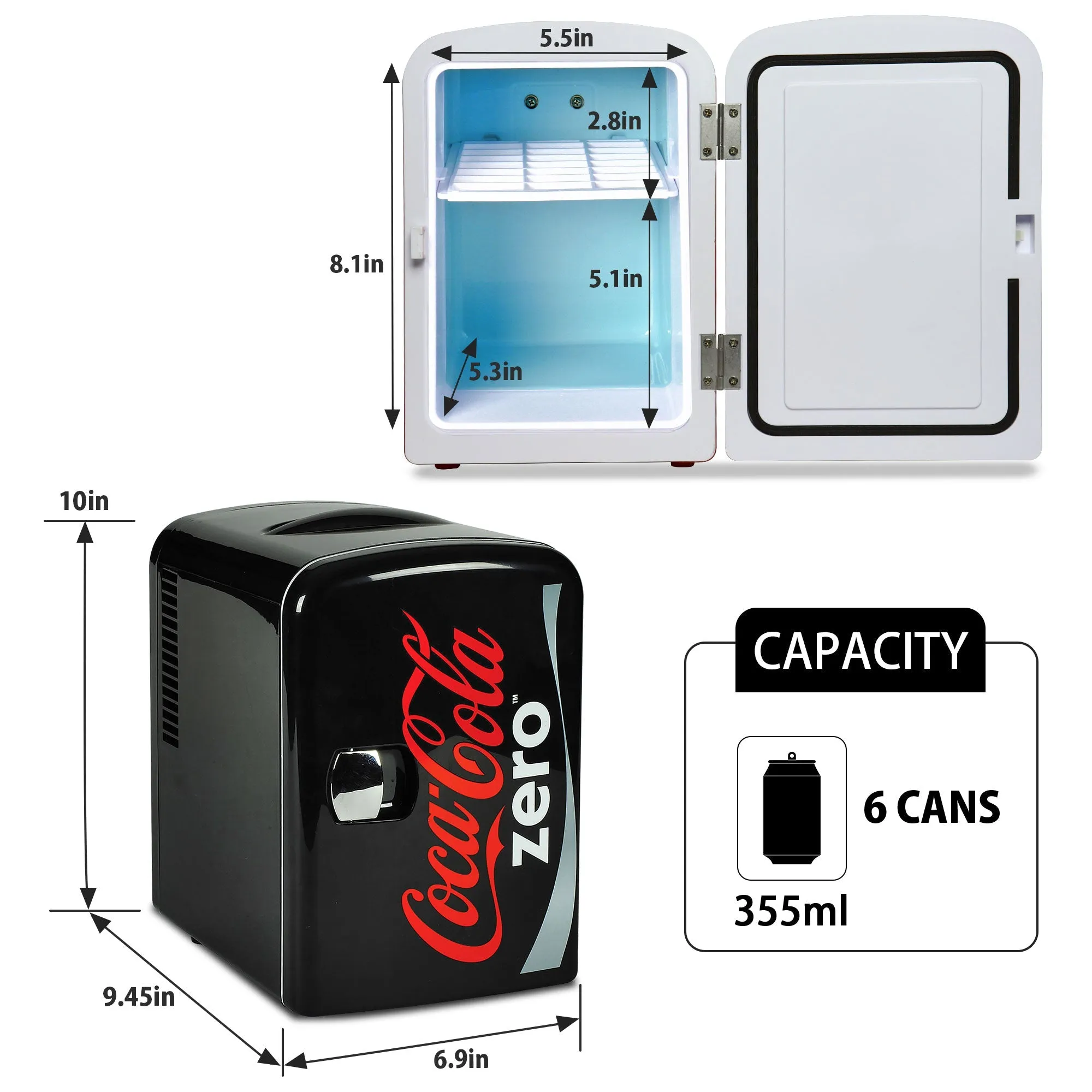 Coca-Cola Coke Zero 4L Cooler/Warmer w/ 12V DC and 110V AC Cords, 6 Can Portable Mini Fridge, Personal Travel Refrigerator for Snacks Lunch Drinks Cosmetics, Desk Home Office Dorm, Black