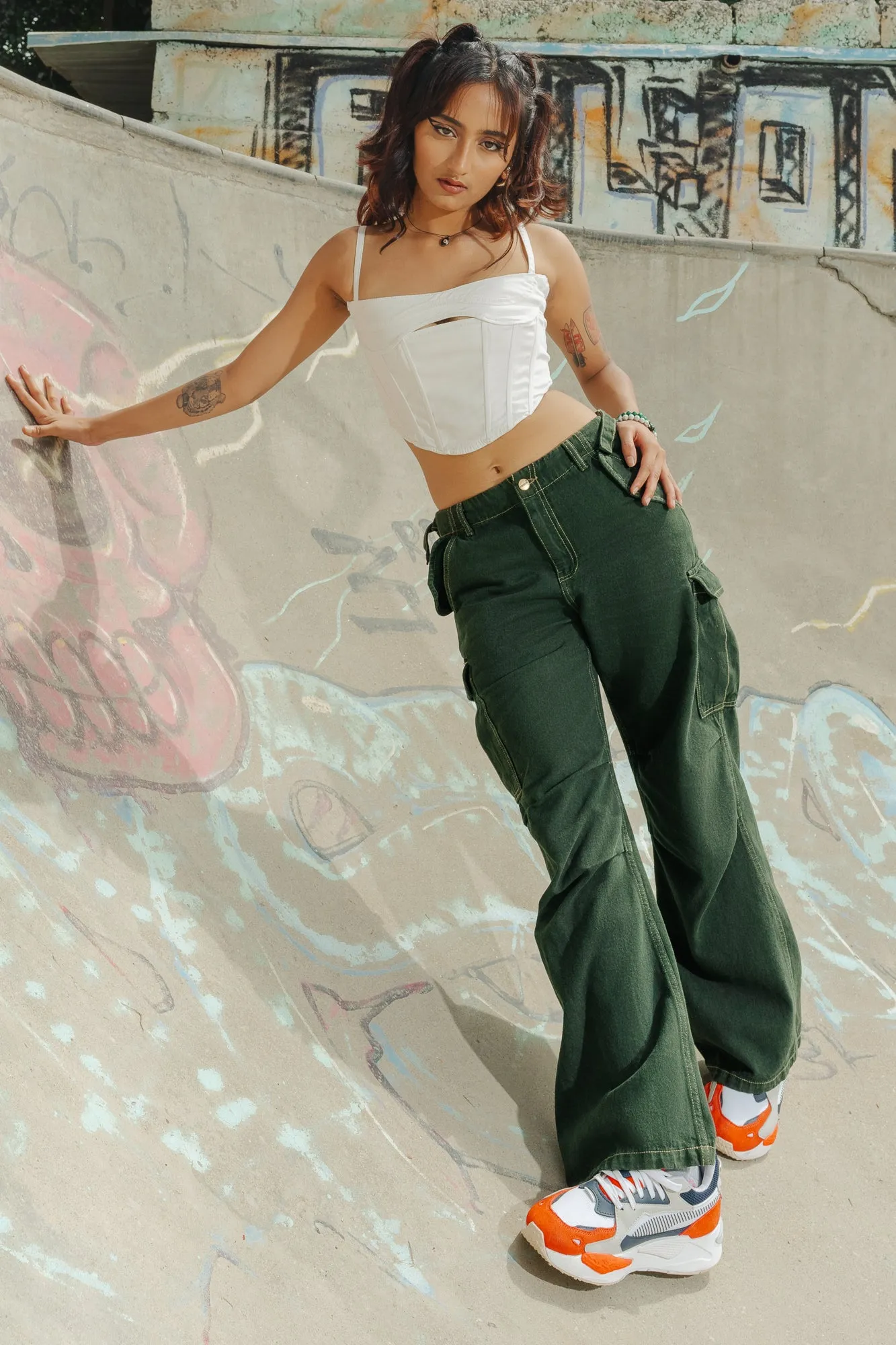 Contrast Stitch Green Cargo Pants