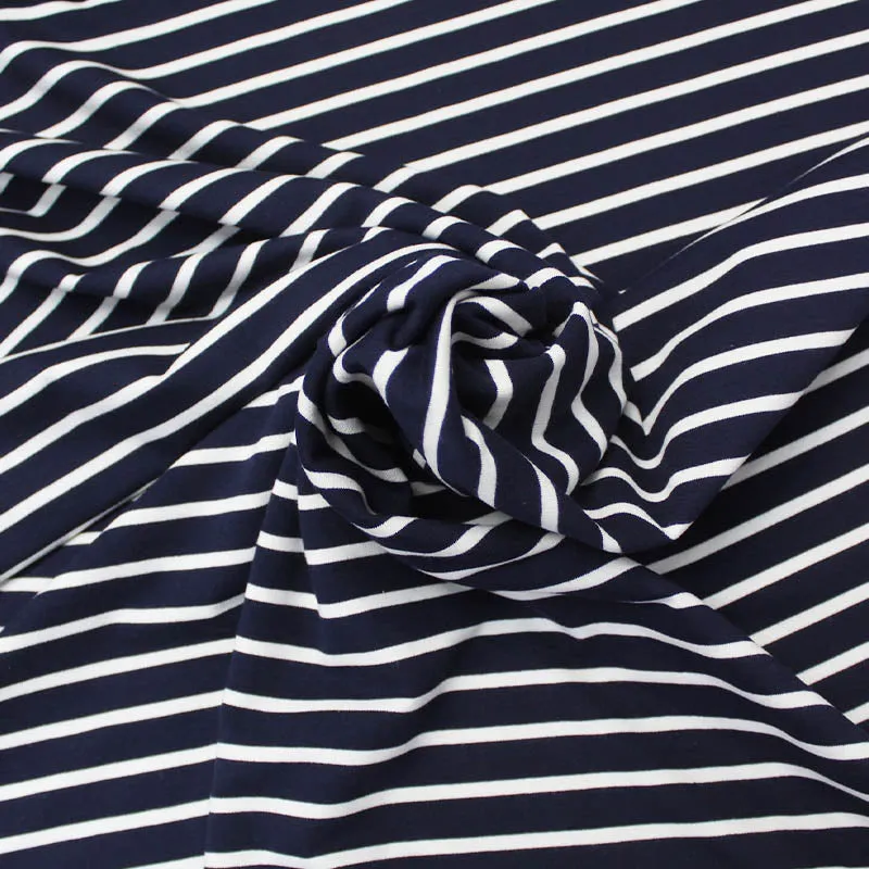 Cotton Elastane Dressmaking French Terry - Breton Stripe - Navy and White