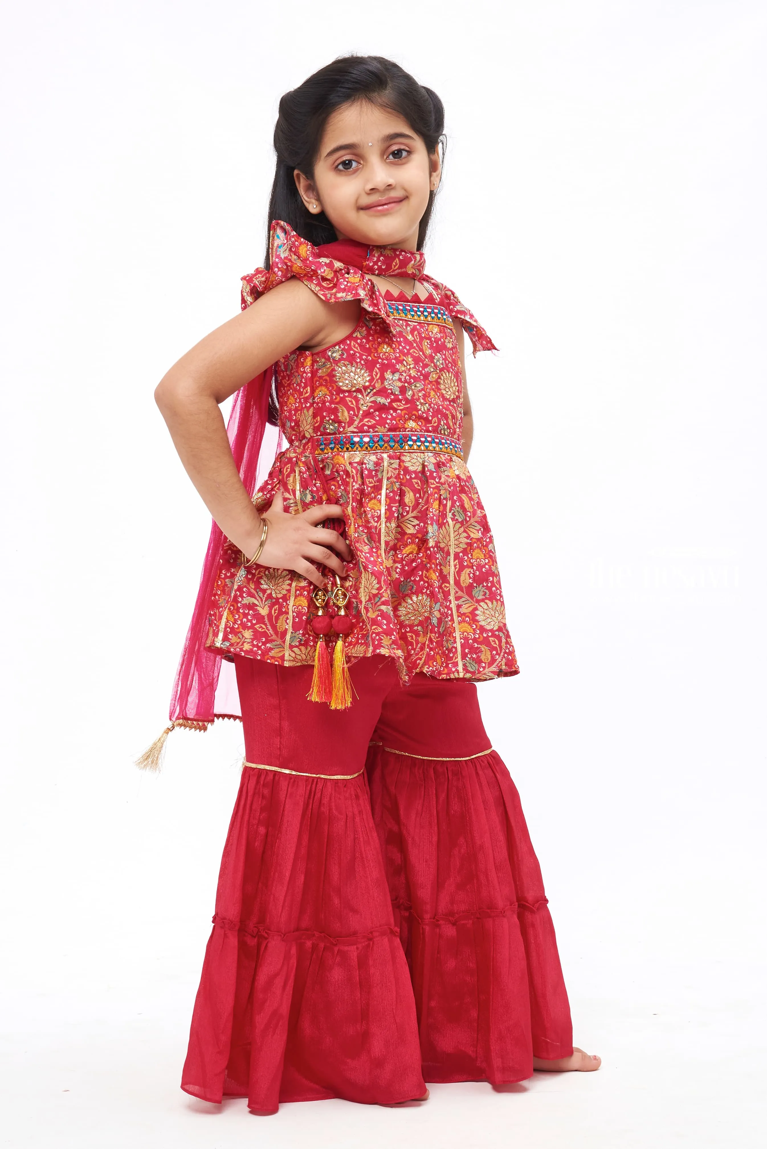 Crimson Blossom: Girls Kurti with Gharara Pant and Dupatta Set