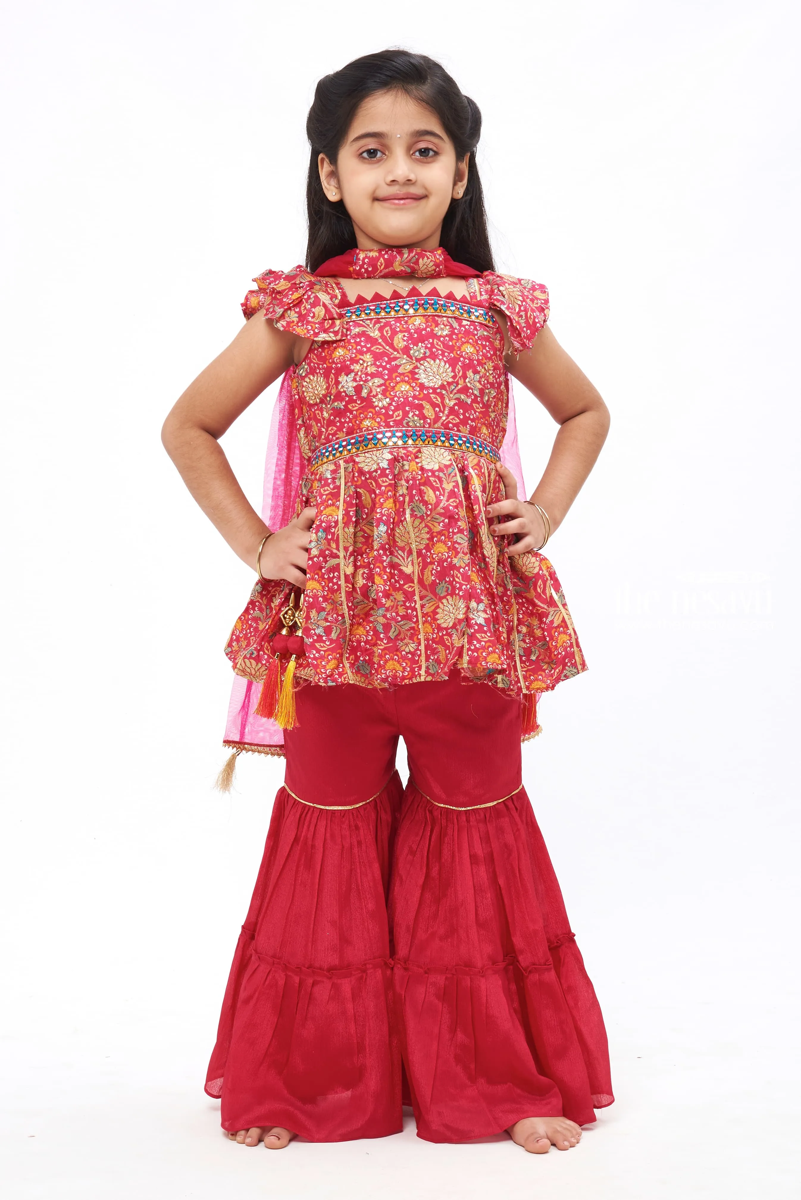 Crimson Blossom: Girls Kurti with Gharara Pant and Dupatta Set