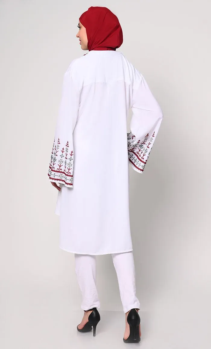 Elegant Machine-Embroidered White Tunic with Flared Sleeves