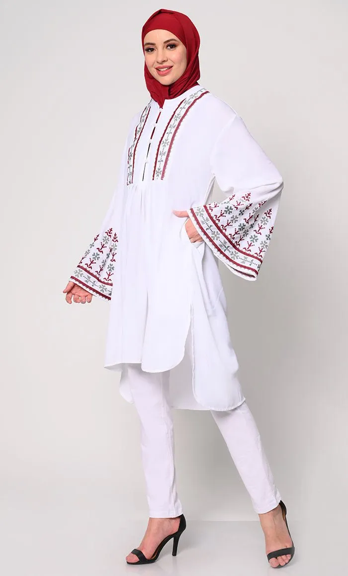 Elegant Machine-Embroidered White Tunic with Flared Sleeves